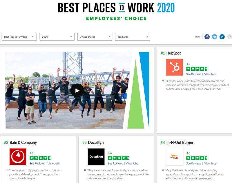 Glassdoor Best Places to Work 2020 survey page