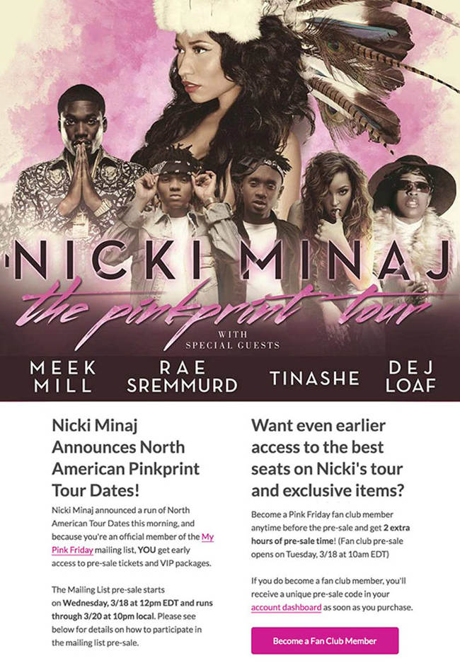 Nicki Minaj using bold imagery and colors in her newsletter to connect with fans