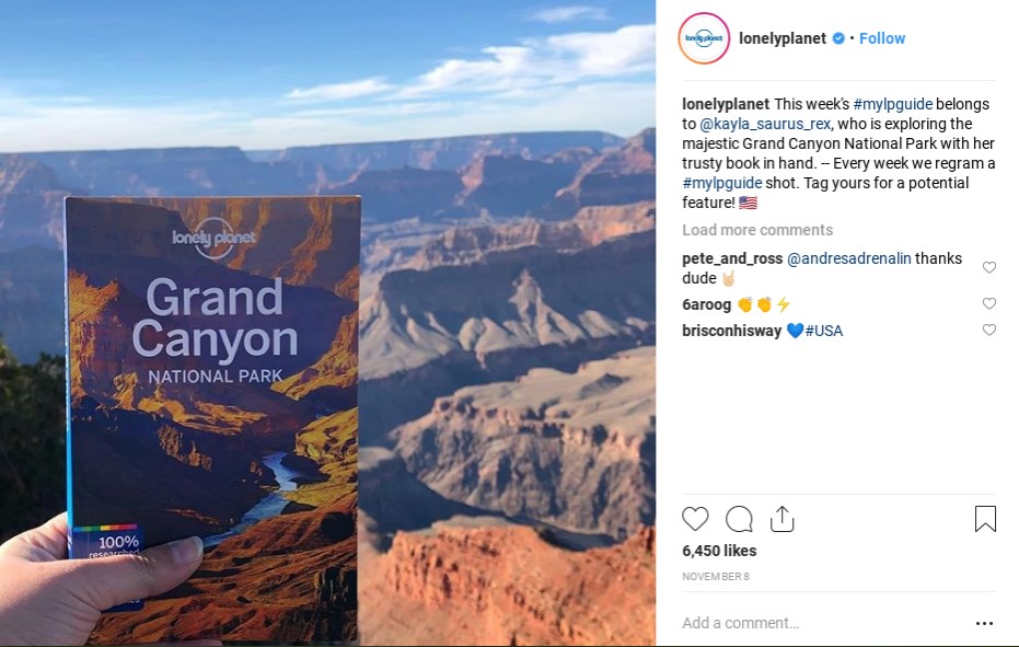 Lonely Planet reposts someone's shot on Instagram and encourages others to participate in #mylpguide for a potential feature