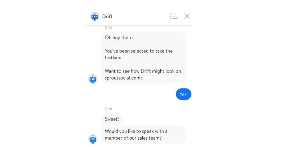 Drift's website chatbot in action