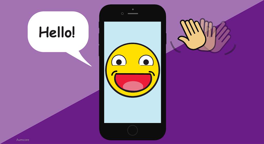 Smiley face on smartphone waving and saying 'hello'