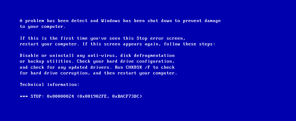 The Blue Screen of Death error “0x00000024”