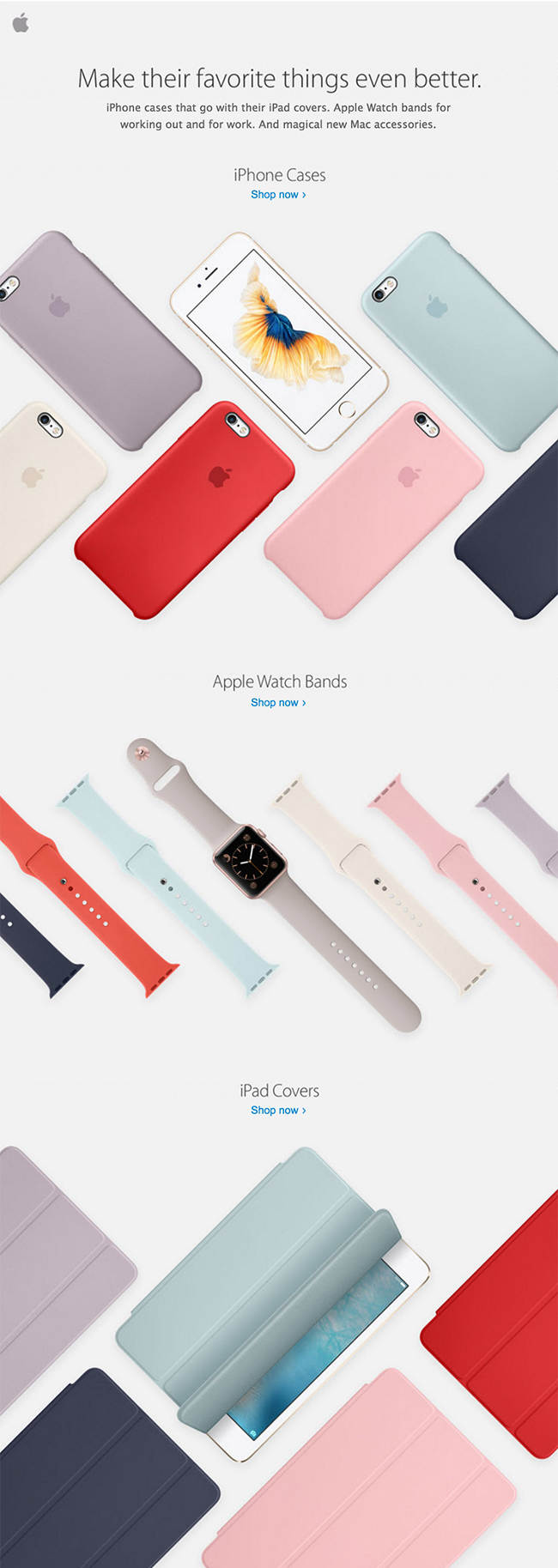Apple using minimalist imagery and brief copy to showcase their colorful accessories