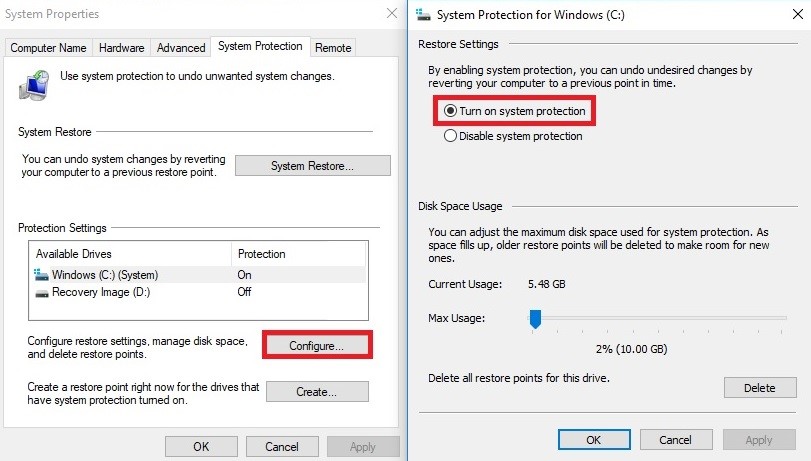Enabling system restore on the Windows OS
