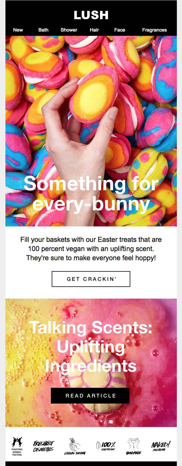 Lush using bright and bold coloring, along with their brand beliefs in minimalist font at the bottom, drawing emphasis