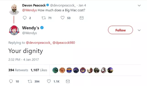 Wendy's replying to a tweet "Your dignity"