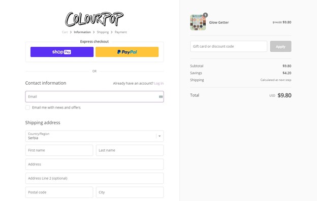 Colourpop guest checkout option conversion rate booster