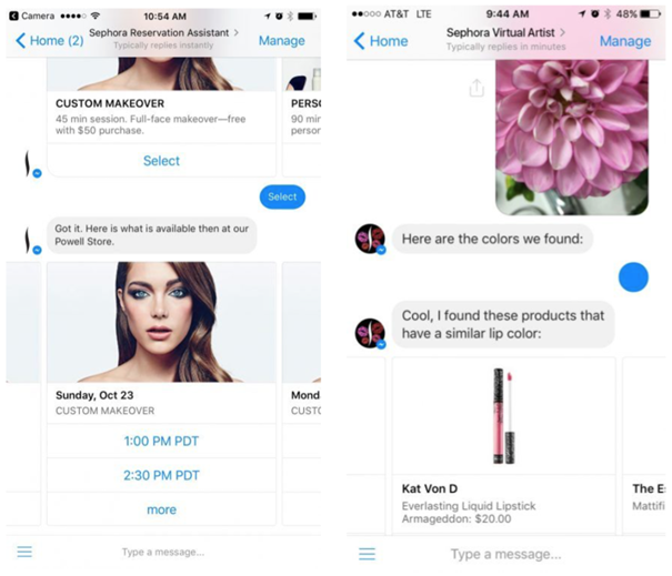 Screenshots of conversations with the Sephora chatbot