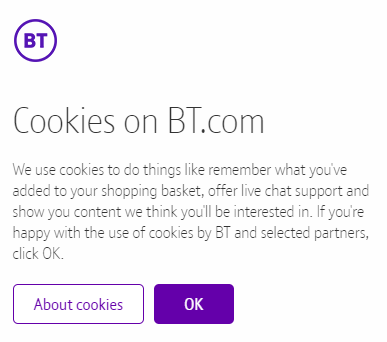 BT.com cookie consent form on website