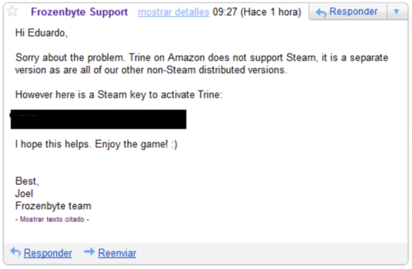 Support team responds to customer and provides a Steam key to activate the game 'Trine'
