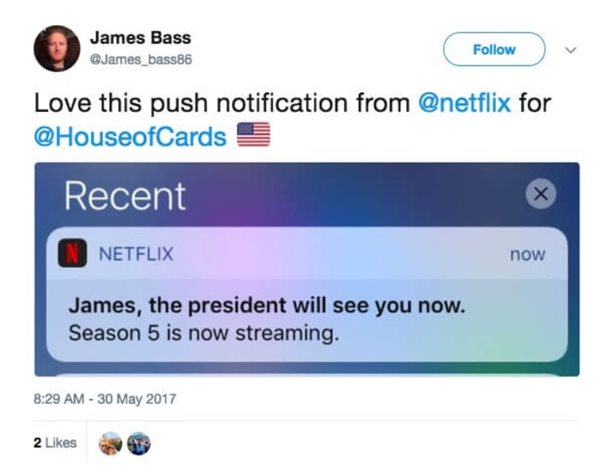 Example of hyper-personalized marketing - push notification from Netflix