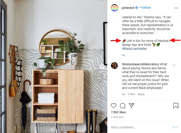 A link to an email subscription signup in the caption of a Pinterest blog post on Instagram