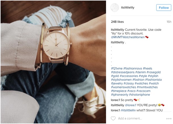 Instagram influencer @itslittlelily collaborating with the watch brand MVMT to drive people to engage with their brand