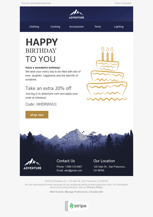 Birthday email triggered email example from Adventure