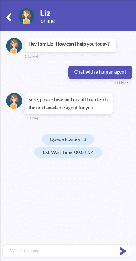 An example of how a bot can connect you to a human agent