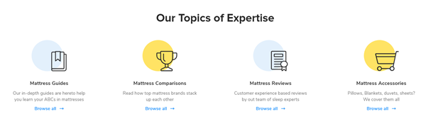 SavvySleeper's website showing their topics of expertises, which are split into different painpoints of their customers