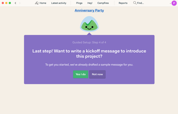 Annoucement message prompt on Basecamp