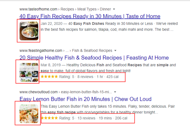 Google SERP results rich snippets, which have been achieved by websites through the use of structured data, allowing sites to appear at the top and present images in SERPs