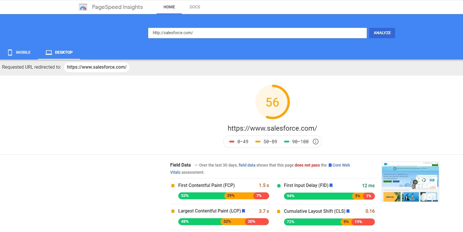 Google PageSpeed Insights analysis into Salesforce's website