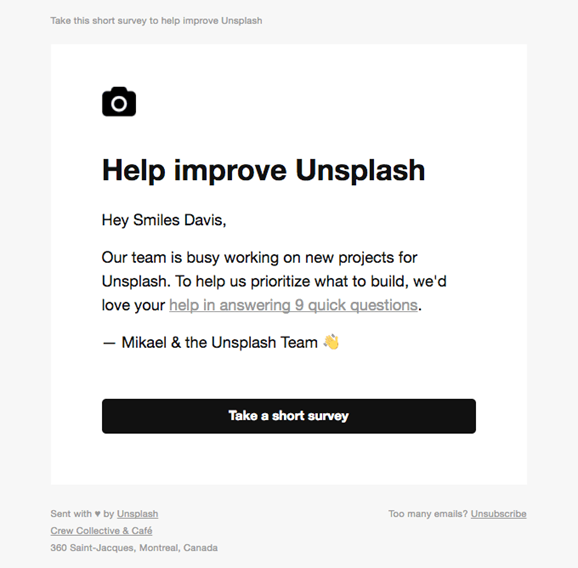 Feedback and review triggered email example from Unsplash