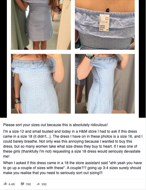 A customer complained about the sizing of H&M clothing on social media, which went viral