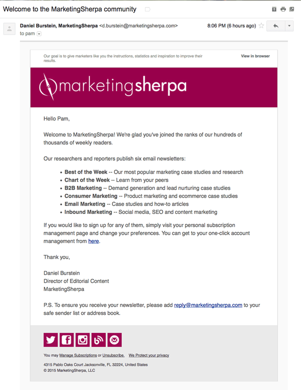 Triggered 'welcome' email example from MarketingSherpa