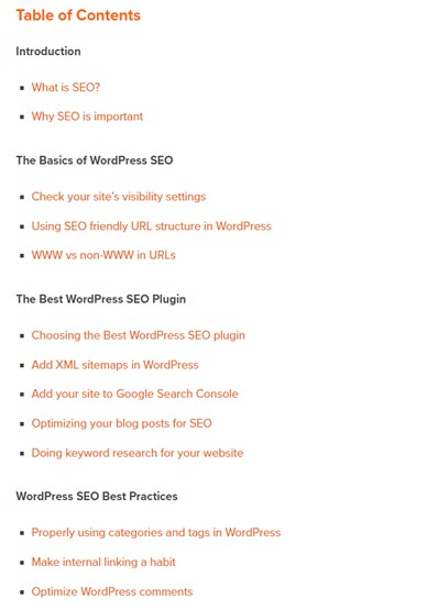 WPBeginner Table of Contents