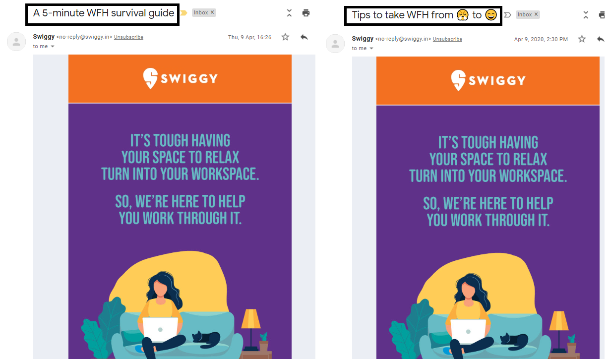 Swiggy split test their email subject line to determine whether emojis influence the open rate or not