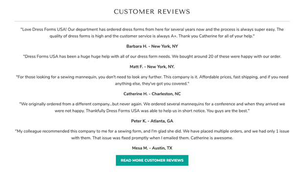 Screenshot of customer reviews from Dress Forms USA