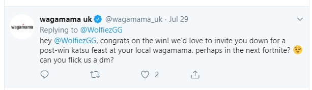 Wagamama analyzing a Twitter thread and responding to the user with an offer for a post-win Katsu feast