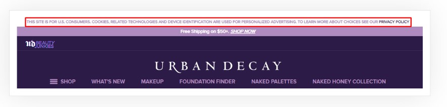 Urban Decay private policy above webpage banner