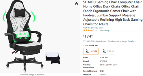 Screenshot of high gaming chair product on Amazon