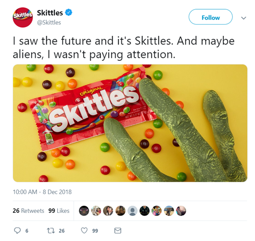 Tweet: "I saw the future and it's Skittles. And maybe aliens, I wasn't paying attention."