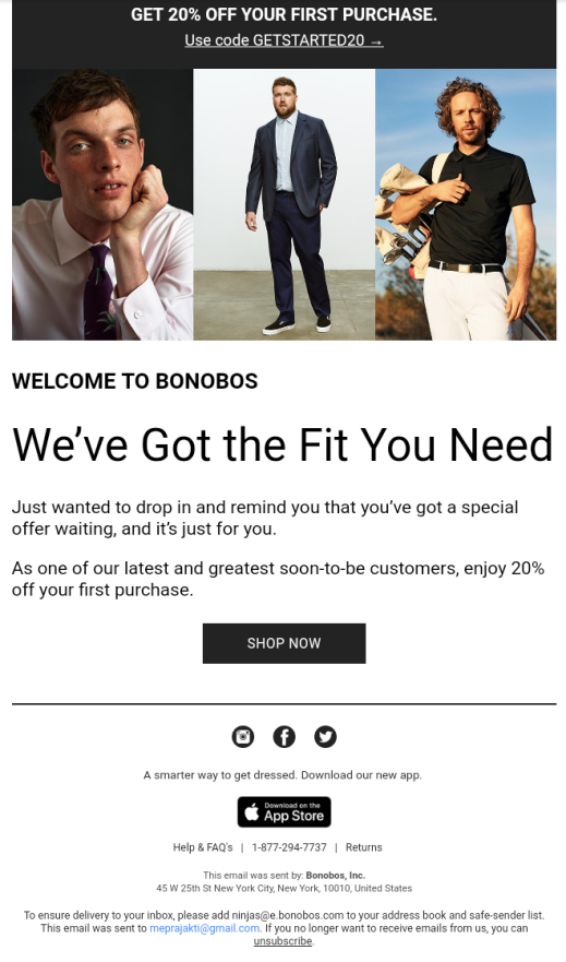 Bonobos adopt a helpful tone in their messaging and offer a discount