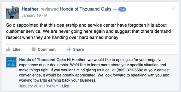 Honda of Thousand Oaks responding to an unhappy Facebook reviewer