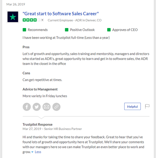 Current employee reviews their employer on Trustpilot