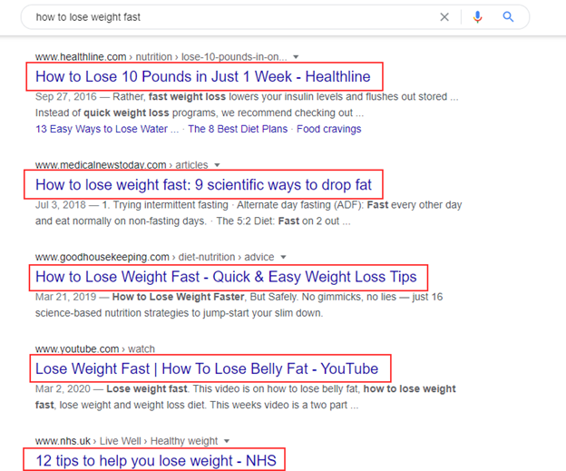 Screenshot of google SERP, showing how titles are the first thing viewers will see and the emphasis they're given