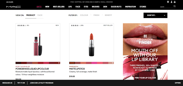 Black and white monochrome theme on the MAC website being used to draw emphasis to lipstick shades