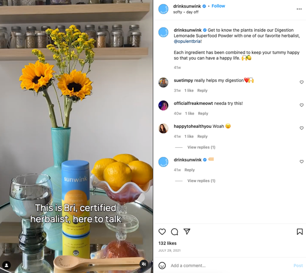 Example of Sunwink using an influencer partner on its Instagram