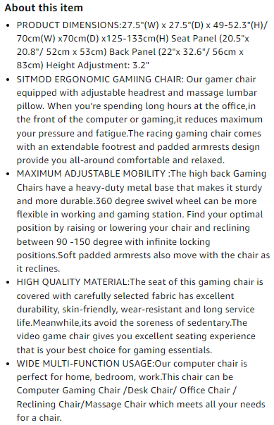 Product description of game chair on Amazon