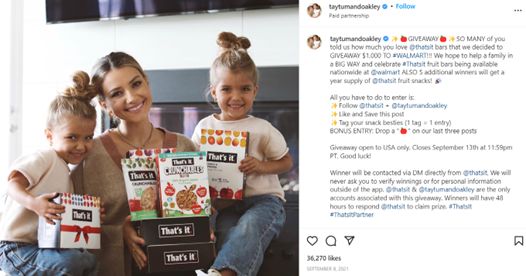 Screenshot of influencer Instagram profile taytumandoakley and their collaboration with That's it.