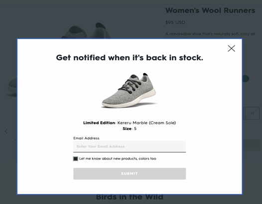 Notification offer from website to let reader know when item is back in stock in a certain size