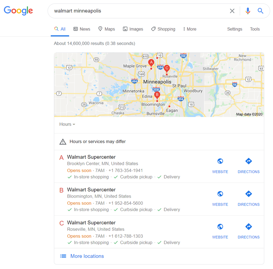 Google search results for walmart minneapolis