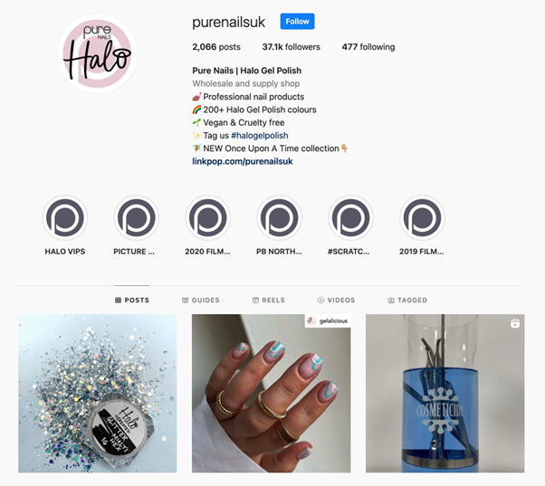 Screenshot of Pure Nails Instagram page