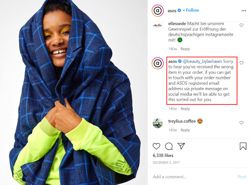 ASOS showing empathy to customer on Instagram