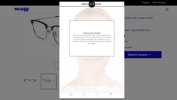 Screenshot from Mougy showing how customers can try on their glasses virtually