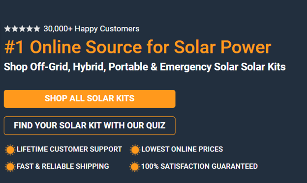 Shop solar kits example of addressing worries in a website header