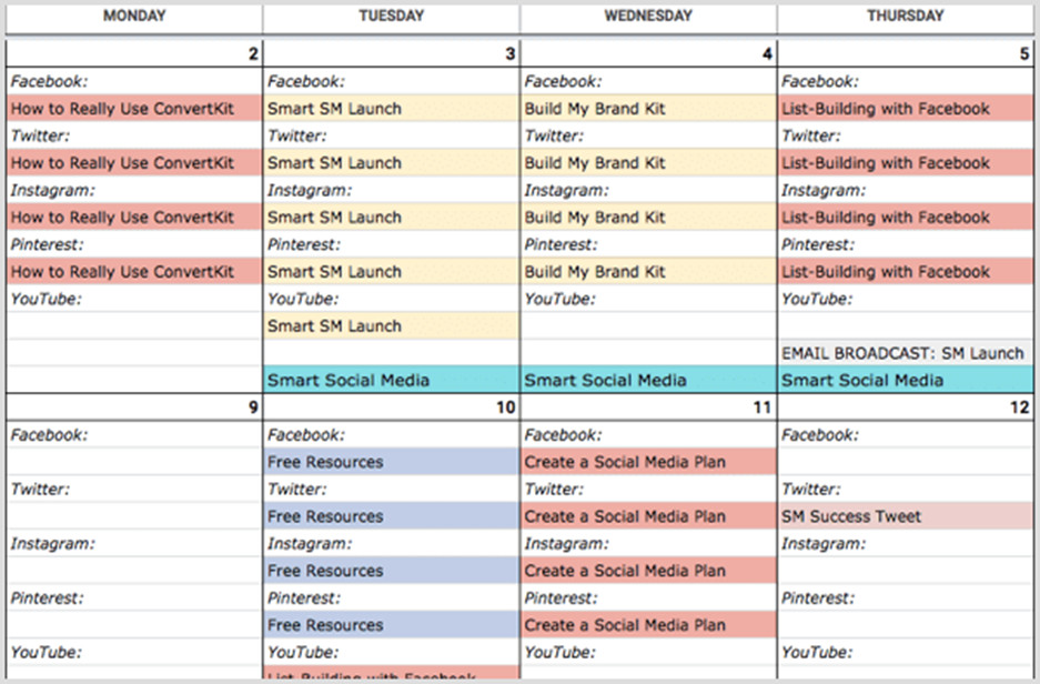 A social media calendar listing uploads for the month on various social platforms