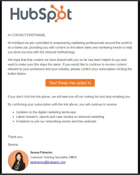 Reactivation triggered email example from HubSpot