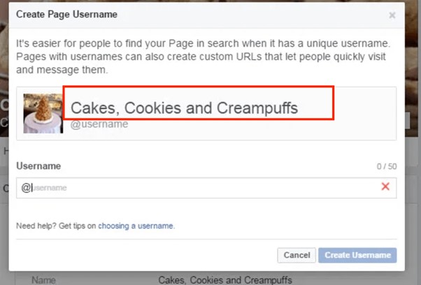 Cakes, Cookies and Creampuffs page username example